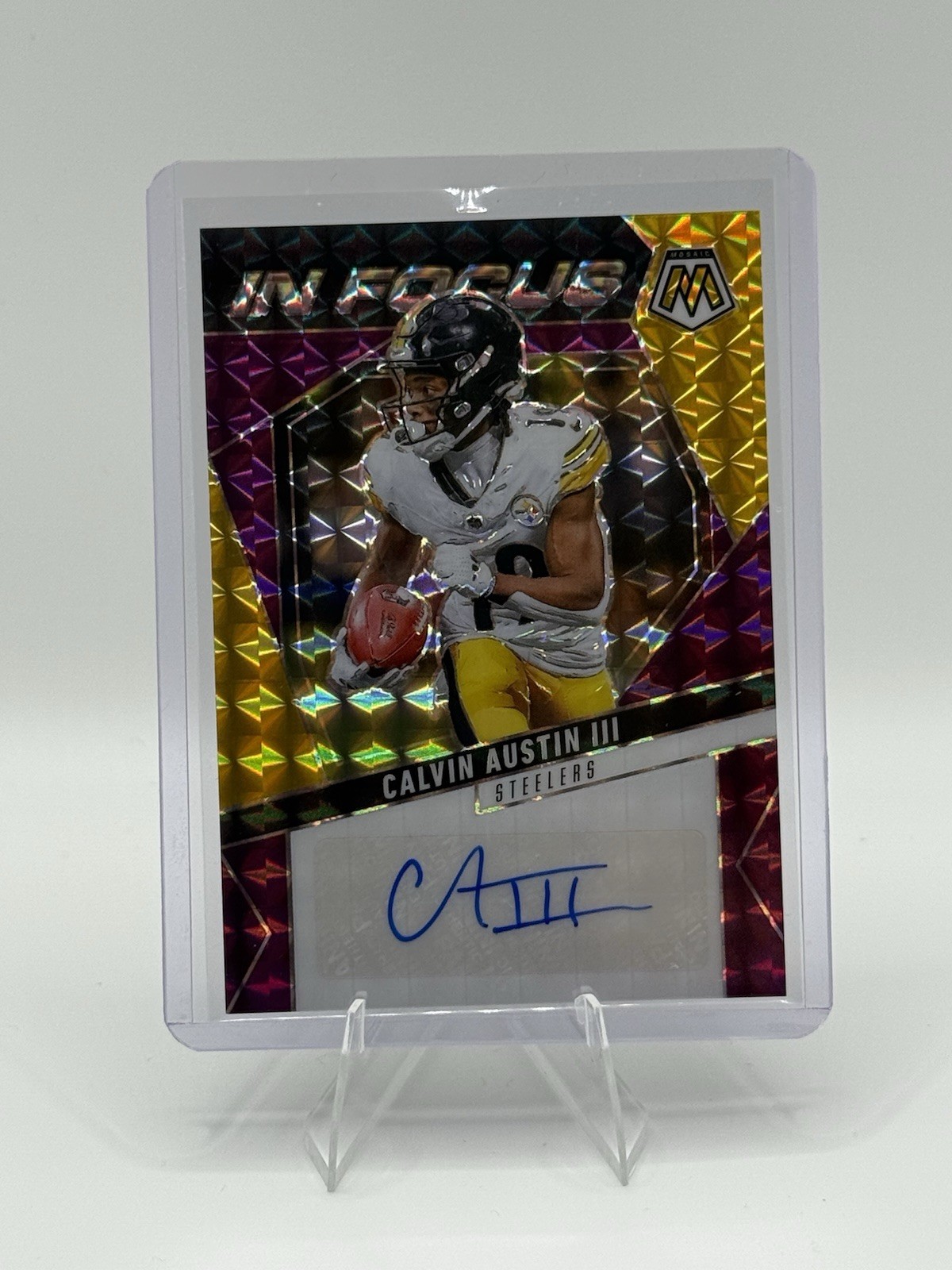 2025 Panini Mosaic - Calvin Austin III In Focus Auto #IFS-CAN Purple Mosaic /49