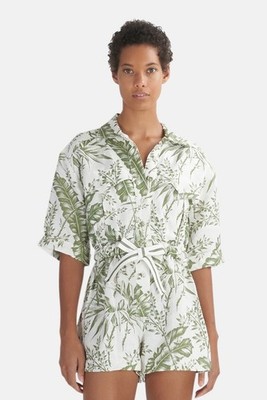ZIMMERMANN Empire Khaki Palm Print Linen Utility Playsuit Size 0 US 4 S Org $595