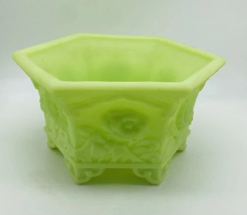 Fenton Art Glass Lime Green Satin Glass Floral Embossed Planter Vase