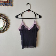 Vintage Black Sheer Pink trim Coquette Spaghetti Strap Cami Top - Size S
