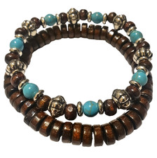 Set of 2Pcs Men's Wooden Bead  Imitation Turquoise Bracelet, Synthetic Stones