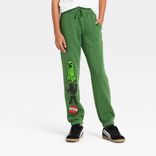 NWT Boy's Minecraft Creeper Fleece Jogger Pants Forest Green Size XL 16