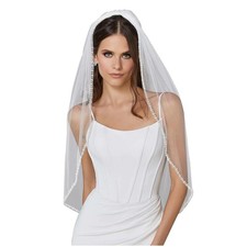 Wedding Veil Pearls and Crystals Beaded Edge 1 Tier Fingertip Length Bridal V...