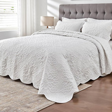 Oversized King Bedspread Set 128x120 Coverlet with 2 Pillow Shams Pure White