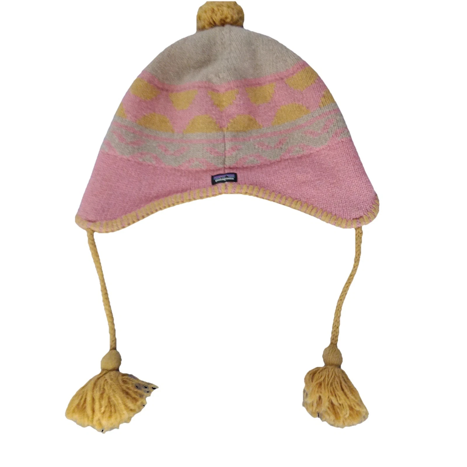 Patagonia Hat Beanie Fitted Womens Large Pink Yellow Ear Flap Fleece Lined Pom