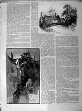 Original Old Antique Print 1890 Moat Building House Trees 19th