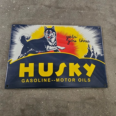 #ad VINTAGE HUSKY DOG MOTOR OLD US GASOLINE OIL GAS PUMP ENAMEL PORCELAIN SIGN $99.99