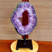 Rebanada de cristal de cueva de amatista natural de 8,06 lb en forma de media luna corte a mano reparación