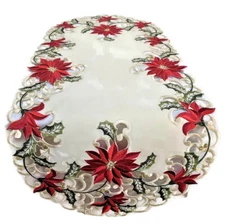 Doily Boutique Table Runner, Doily, Mantel Scarf with Large Red Poinsettias