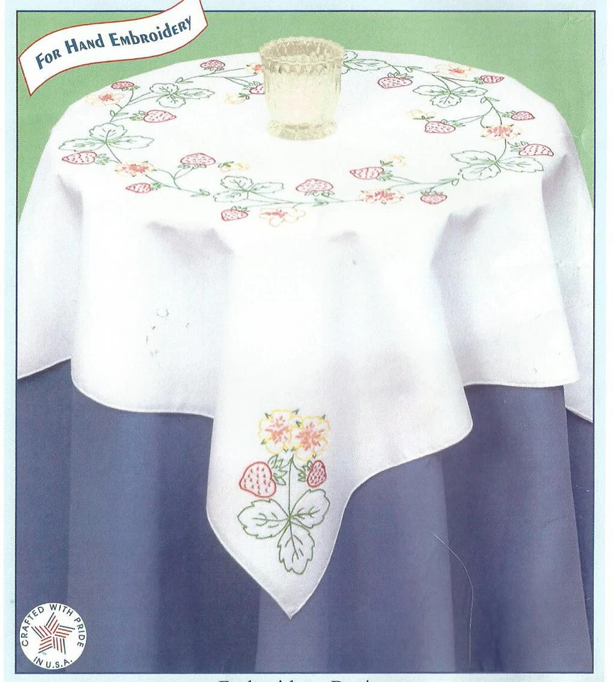 Jack Dempsey Stamped White Perle Edge Table Topper 35X35 Strawberries NEW - Image 2 of 4