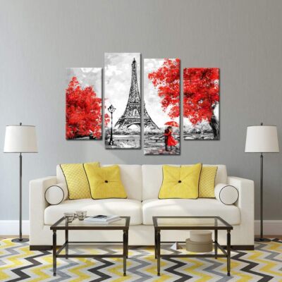 Paris France Eiffel Tower Romantic Couple Umbrella 4 Piece Panel Canvas Wall Art