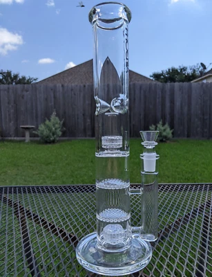 PHOENIX 14" inch Glass Water Pipe Bong 4 Percolators - 2 Honeycomb Percs + 2 Matrix Perc