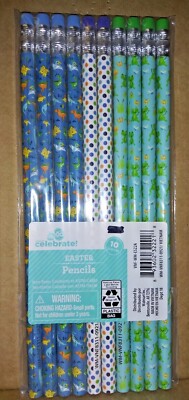 CELEBRATE10 Pack of Easter Pencils - Standard #2 WITH FROGS, DOTS, AND DINOSAURS