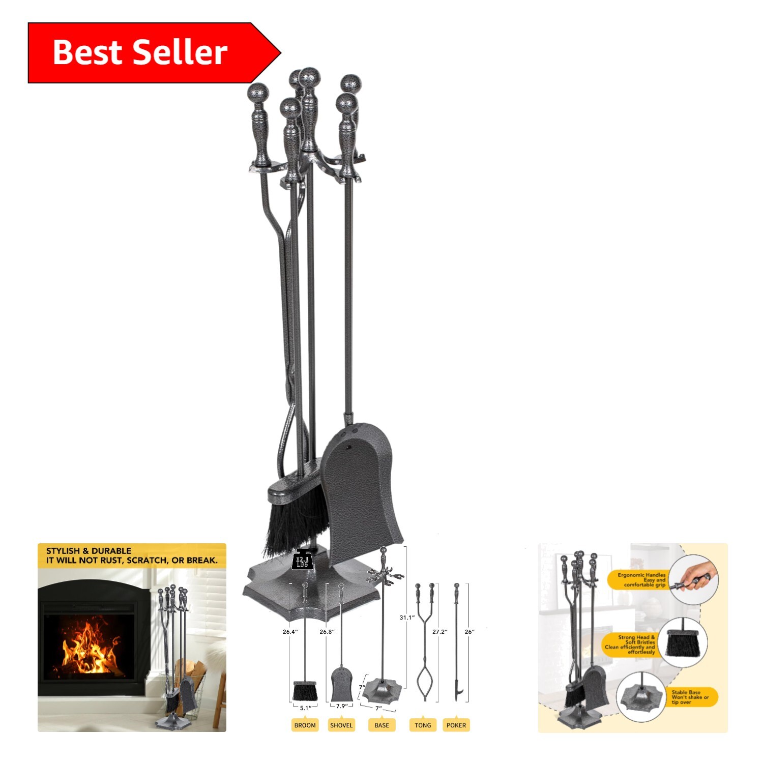 Rust-Resistant Silver Pattern Fireplace Tool Set with Easy-Grip Handles