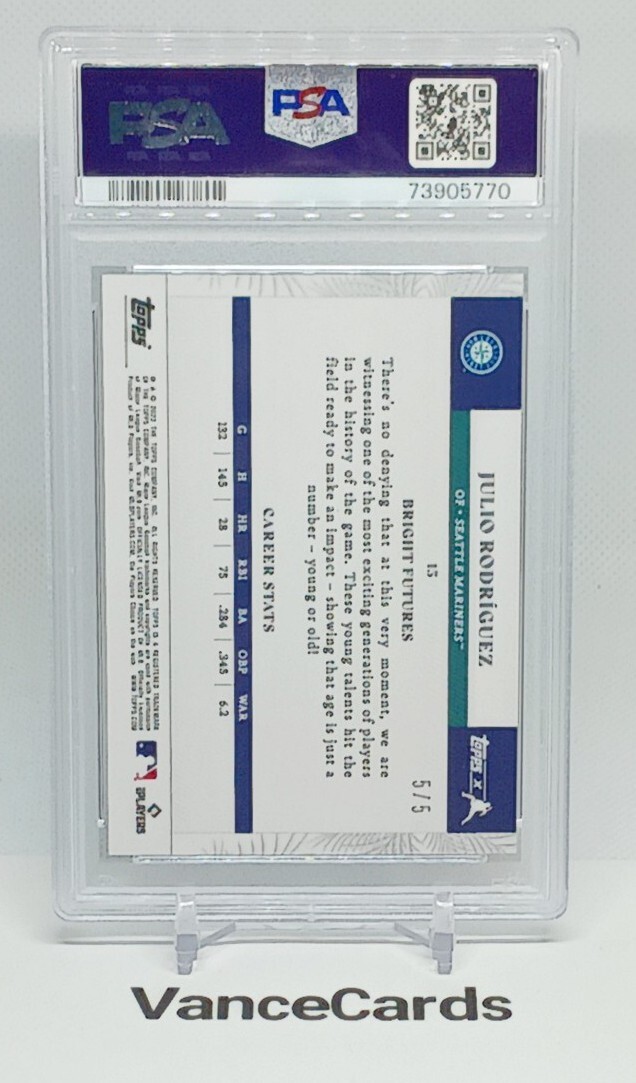 #/5 Julio Rodriguez Red 2022 Topps x Juan Soto #15 PSA 9 RC Curated SP Rookie Ms view 2