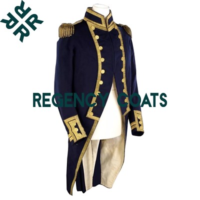 Men's Royal Naval Uniform, Navy Blue Wool Coat, Off white Wool Vest and Breeches