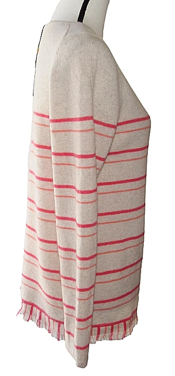 Suéter Charter Club tamanho L listrado rosa bronzeado bainha franja luxo 100% cashmere NOVO - Imagem 2 de 4