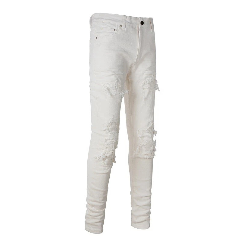 Men's White Skinny Jeans Ripped Knee Stretch Denim Pants with Pleated Patchwork - Image 3 of 4