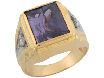 10k or 14k Two Tone Real Solid Gold Simulated Amethyst Special Mens Ring - Image 1 of 4