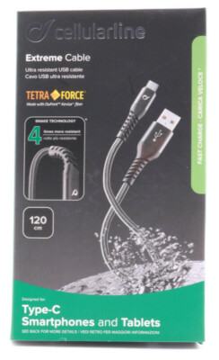 1,2m USB Typ C Lade Daten Kabel CELLULARLINE Extreme Handy Tablet schwarz 407A