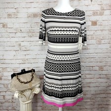 NWT Eliza J Size 4 Floral Striped Elbow Sleeve Stretch Shift Dress Black/Gray