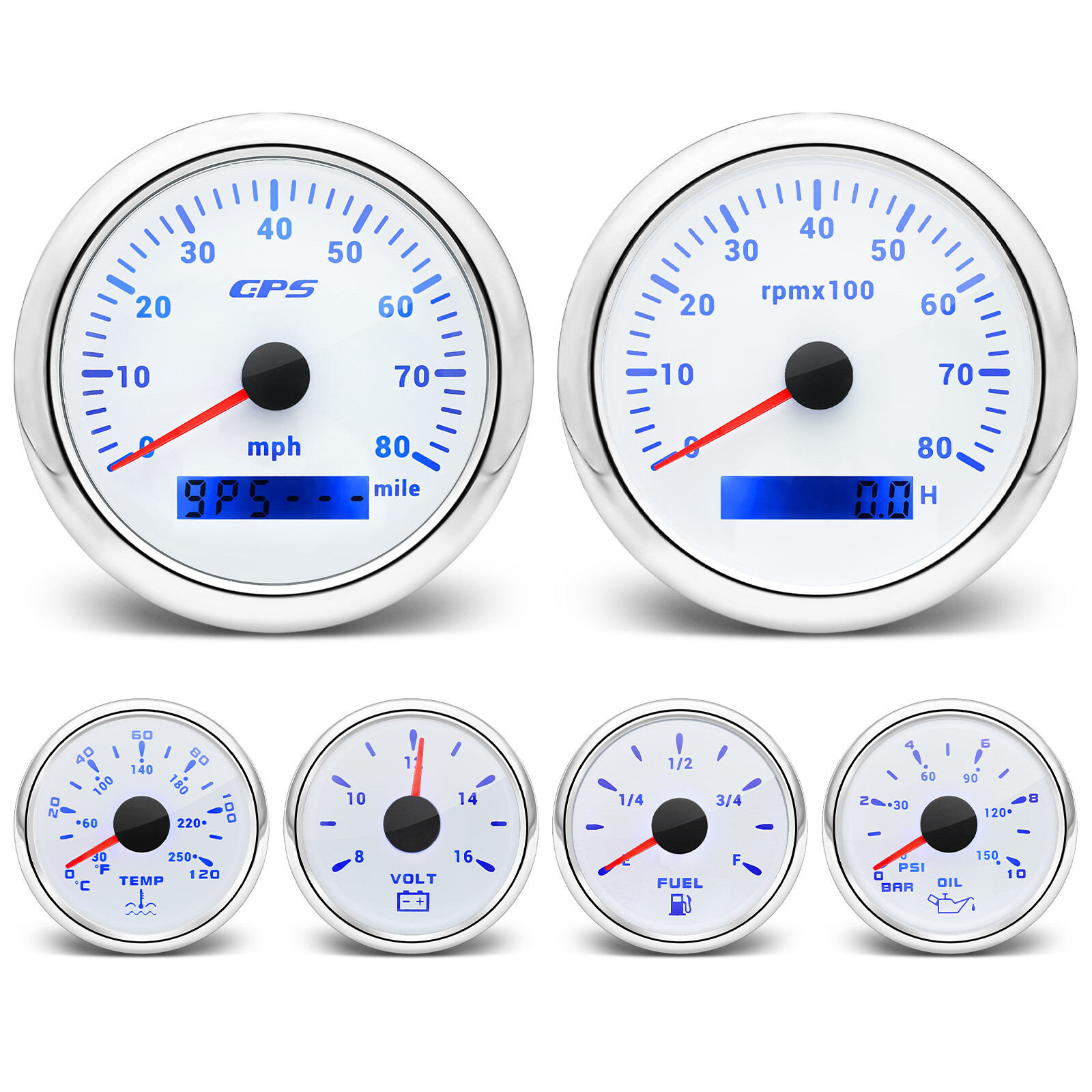 6 Gauge Kit with 85mm GPS Speedometer Tachometer Fuel Oil Temp Volt Senders
