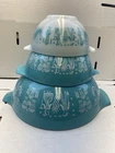 Vintage Pyrex Amish Butterprint Turquoise/White Cinderella Bowls Set Of 3