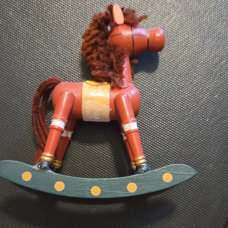 Wooden Miniature Rocking Horse Toy, Brown w/ Yarn Mane & Tail, Green Base