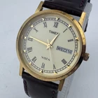 VTG Timex Vista Quartz Watch Unisex Gold Tone Leather Day Date Analog New Batter