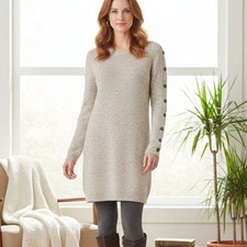 LOFT Dress Womens M Oatmeal Beige Button Long Sleeve Sweater Knit Speckled