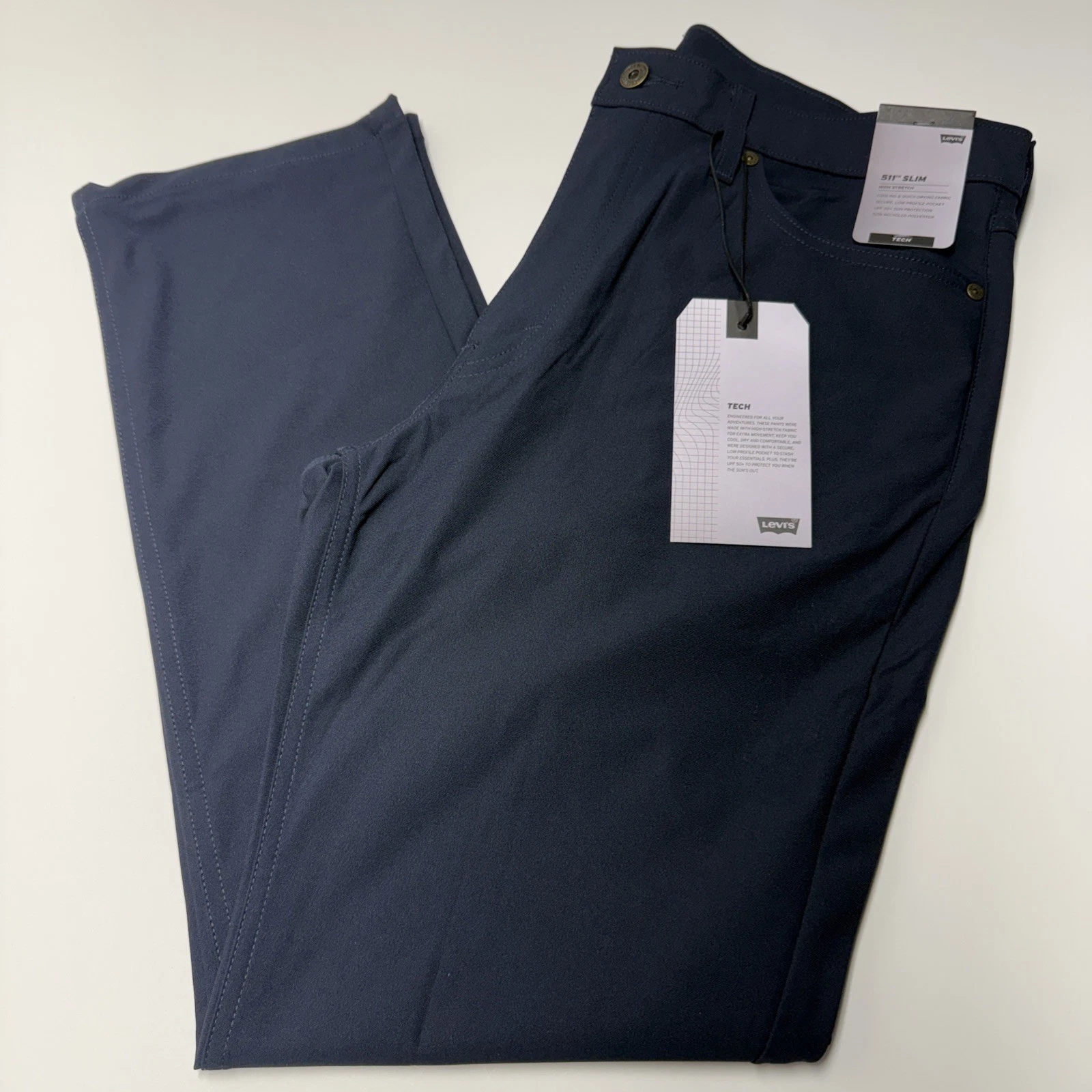 Levis 511 Slim Fit Tech Pants Tapered Leg Stretch Quick Dry Navy Blue Sz 36x30