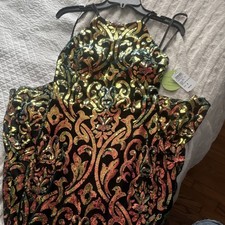 Windsor Sequin Mesh Maxi Dress High Neck Sleeveless Black Multicolor Baroque M