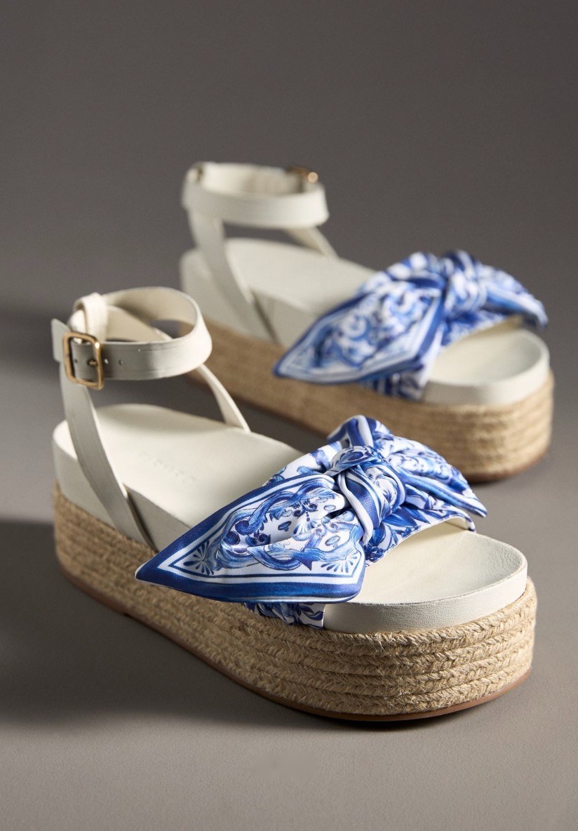Anthropologie Farm Rio Scarf Raffia Espadrille Platform Blue White Bow 41/10 NEW