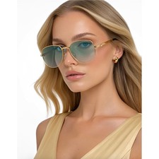 Gold Geometric Sunglasses Teal Gradient Lens Metal Textured Frame Retro Women