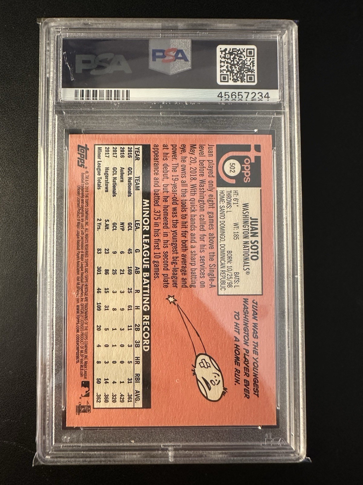 2018 Topps Heritage Juan Soto Rookie RC #502 PSA 10 GEM MINT view 2