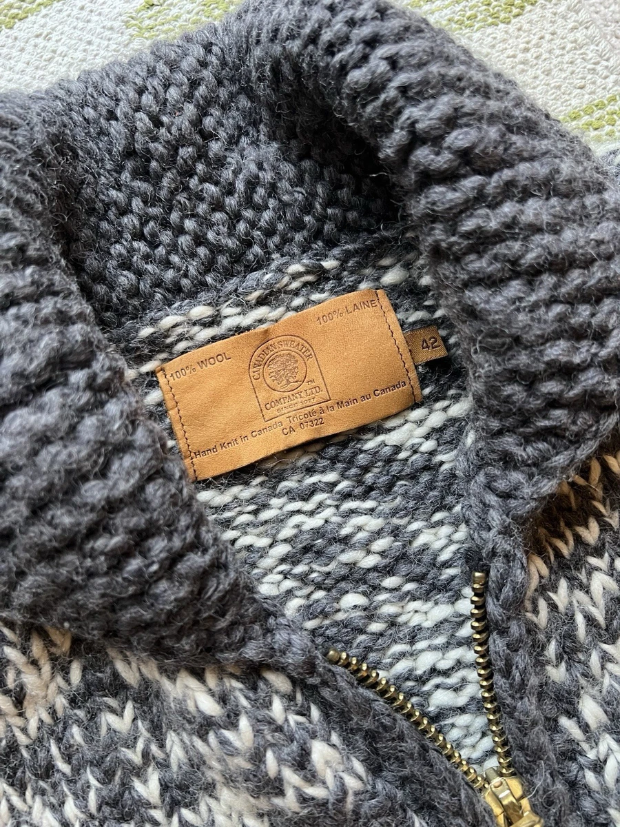 Cárdigan Canadian Sweater Co Tejido a Mano Lana Cowichan Cremallera Gris 42 Hecho en Canadá