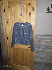 Cache Tweed Blazer Four Pocket Jacket Woven Blue Metallic Womens 8