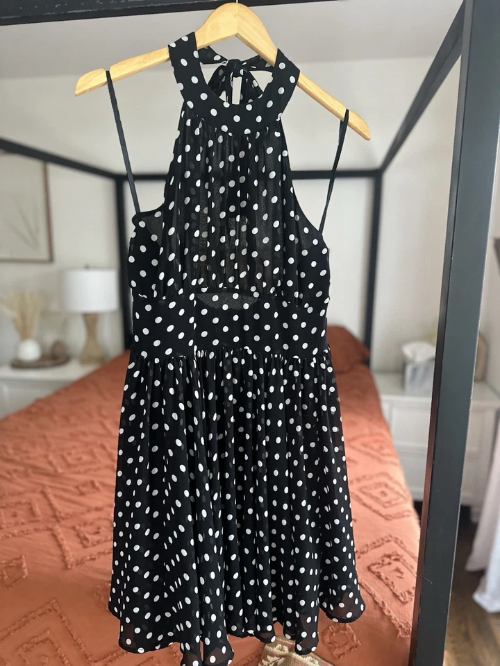 Vestido Halter Moda International Talla 12 Chifón Negro Blanco Lunares Foto 3 de 4