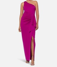 XSCAPE Women's Purple One-Shoulder Ruffled Long Fit & Flare Dress Size: 14