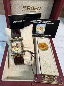 Authentic Vintage RARE Full Set Box Paper GRUEN Tank The Polo Player Gold Plated Watch