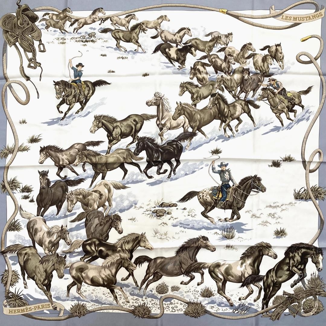HERMES Silk Scarf Carré 90 LES MUSTANGS White Gray