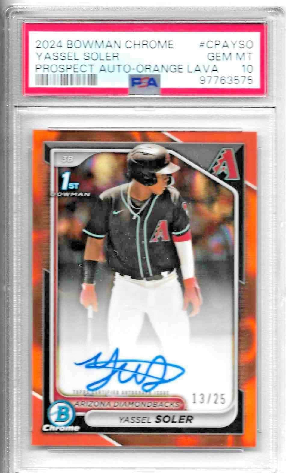 YASSEL SOLER 2024 BOWMAN CHROME ORANGE LAVA REFRACTOR 1ST AUTO RC /25 PSA 10