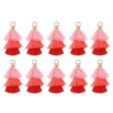 10PCS Tiny Tri-Layered Tassels Bohemian Keychains Pink/Red/Dark Red 