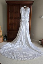1994 Vintage Bridal Gown Never Worn Satin Finish, Puff Shoulders, Intricate Lace
