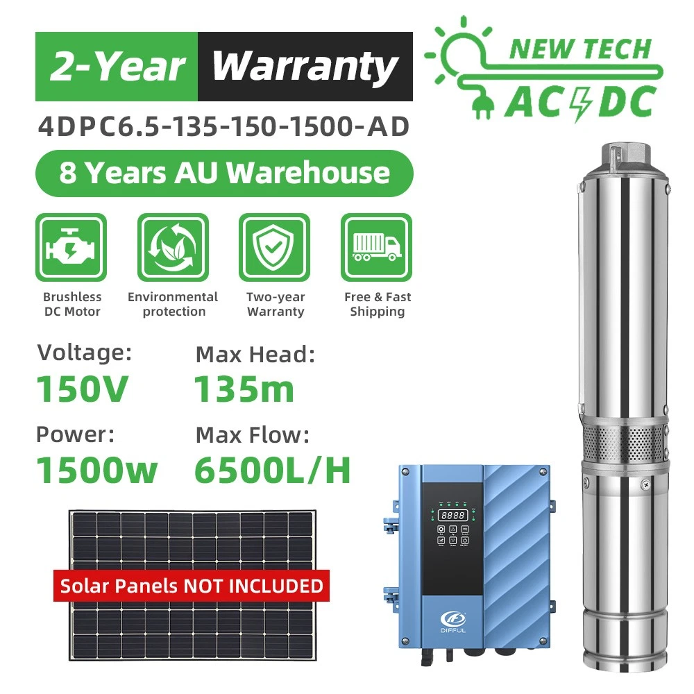 DIFFUL 4" Solar AC/DC Submersible Water Bore Pump 2HP Hybrid Pump 135m Max Head