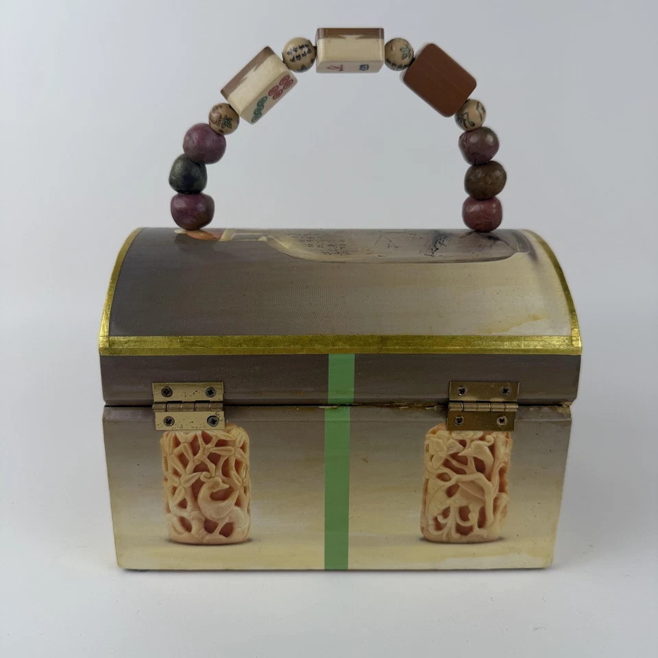 Beaded Handle Wooden Jewelry Trinket Box Asian Snuff Bottle Print Hinged Latch - Image 3 of 4