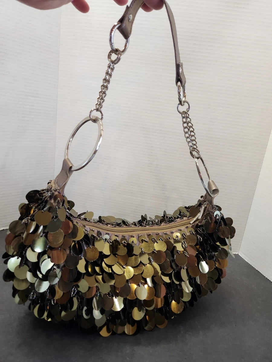 Gold Tone Sequin Bag w Chain and Ring Handle Accent