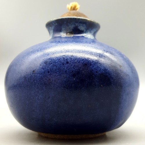 Stoneware Pottery Oil Lamp w/Wick or Bud Vase Blue Drip Glaze Studio Art Signed - Picture 4 of 10
