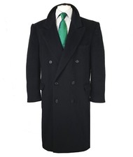 Double Breasted 46R Cashmere  Wool Overcoat Peak Lapel VTG Black