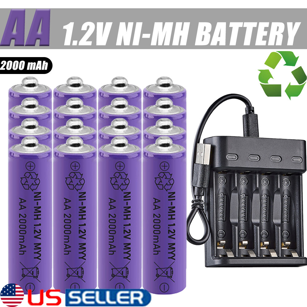 16PCS 1.2V 2000mAh AA Rechargeable Batteries with 4-Slot Smart Charger-image